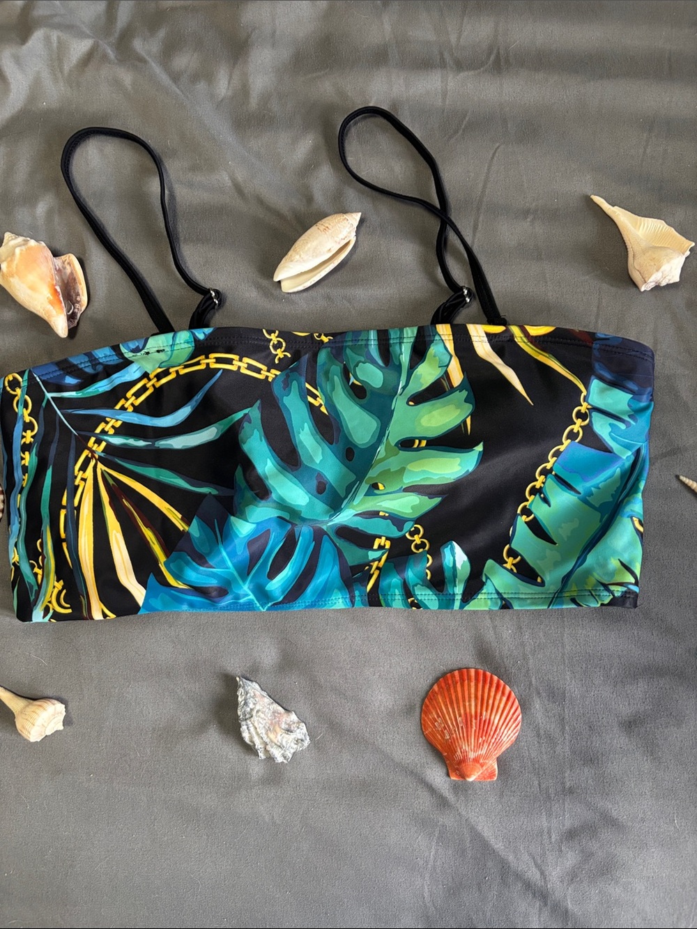 Tropical Leaf Bandeau Bikini Top in Black and Teal